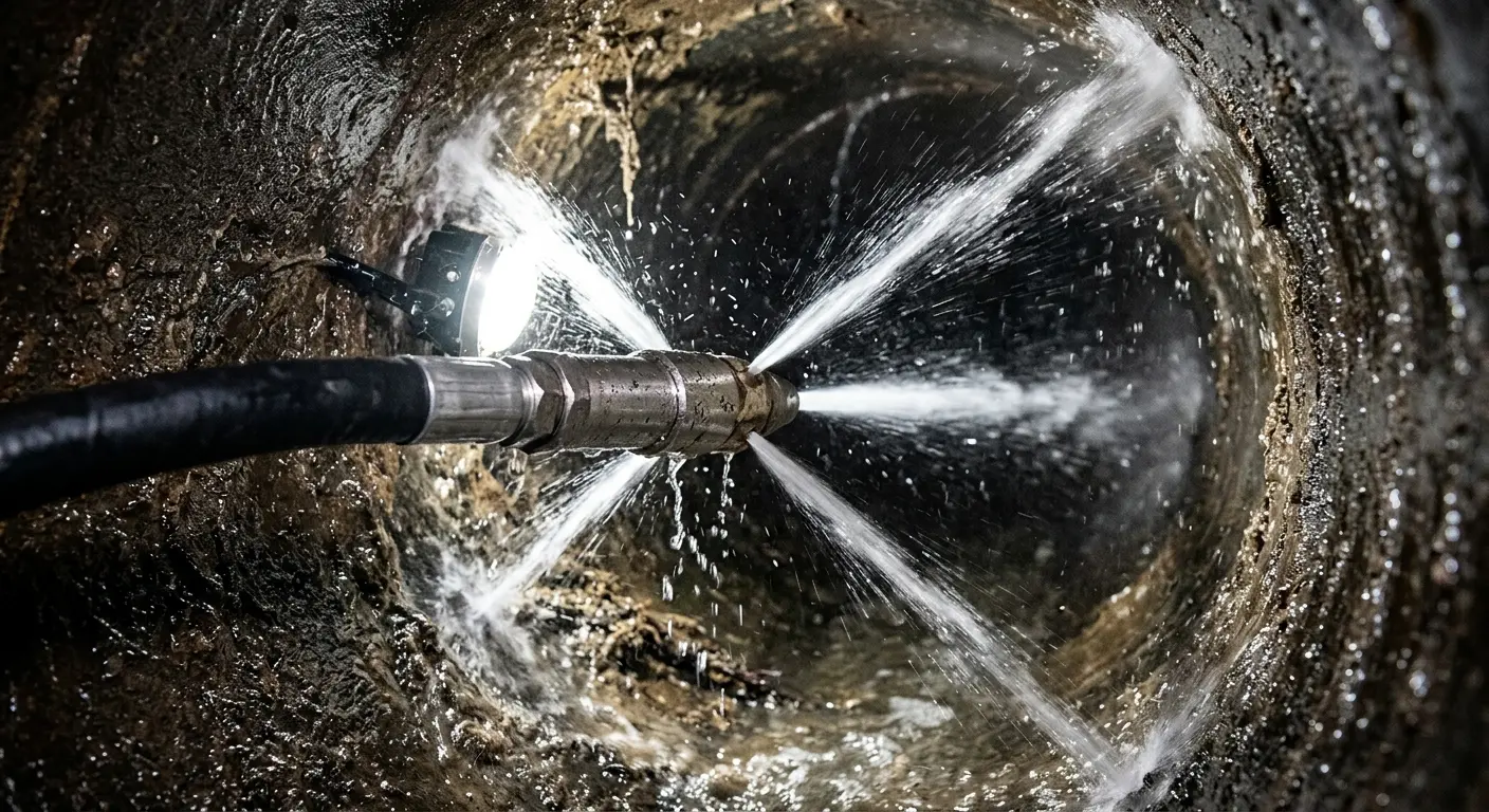 High-pressure hydro jetting nozzle cleaning sewer pipe for Emergency Drain Service in Pennfield
