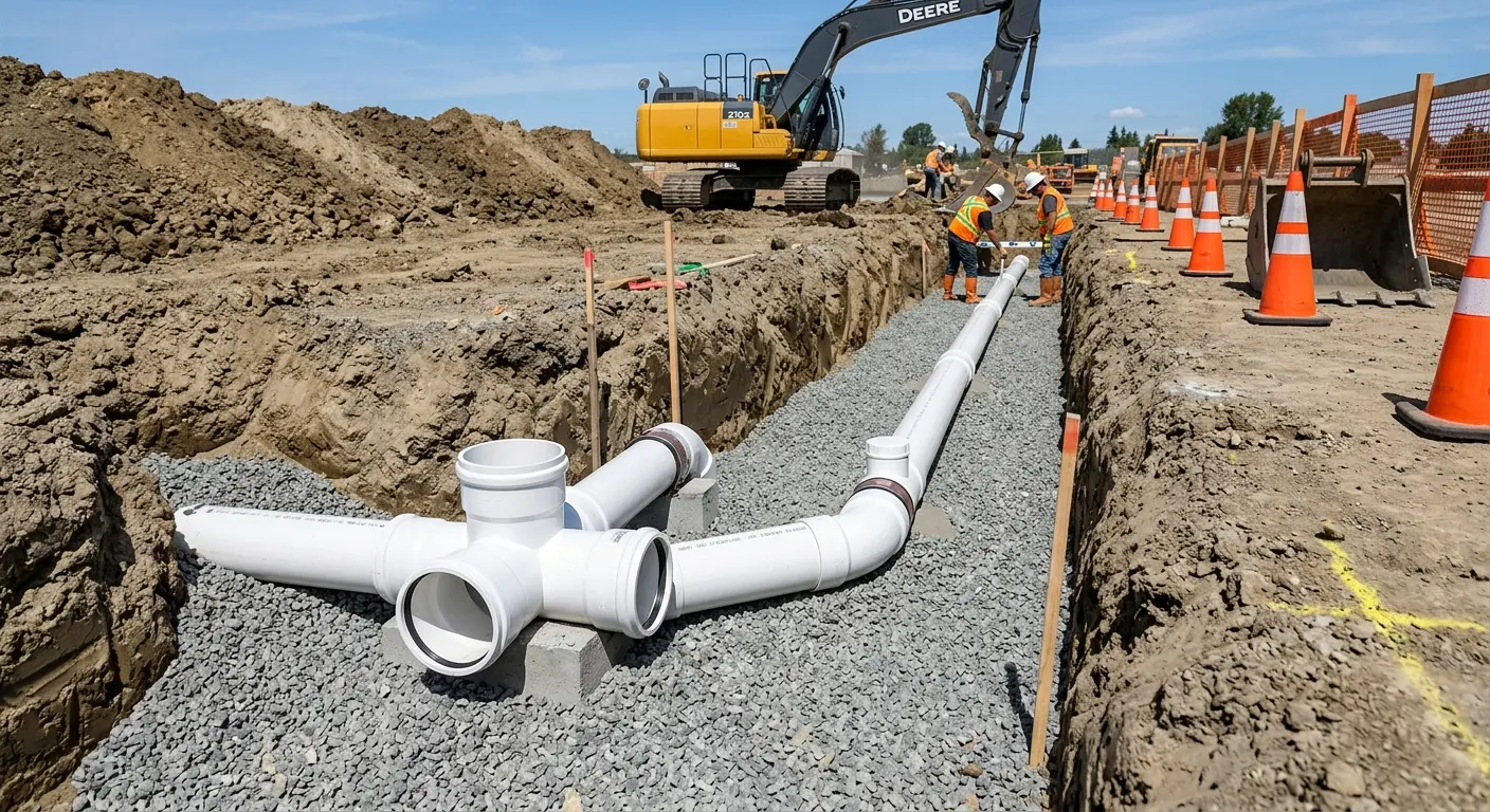 New PVC sewer pipe installation in open trench for Sewer Backup in Pennfield