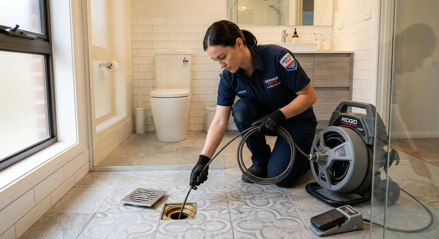 Technician clearing a bathroom floor drain for Hydro Jetting in Pennfield